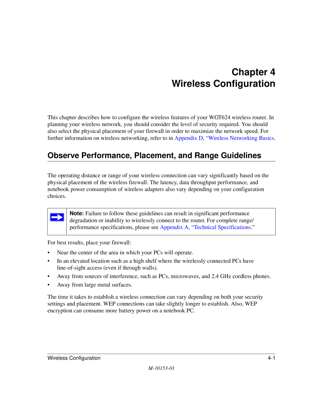 NETGEAR WGT624 manual Chapter Wireless Configuration, Observe Performance, Placement, and Range Guidelines 