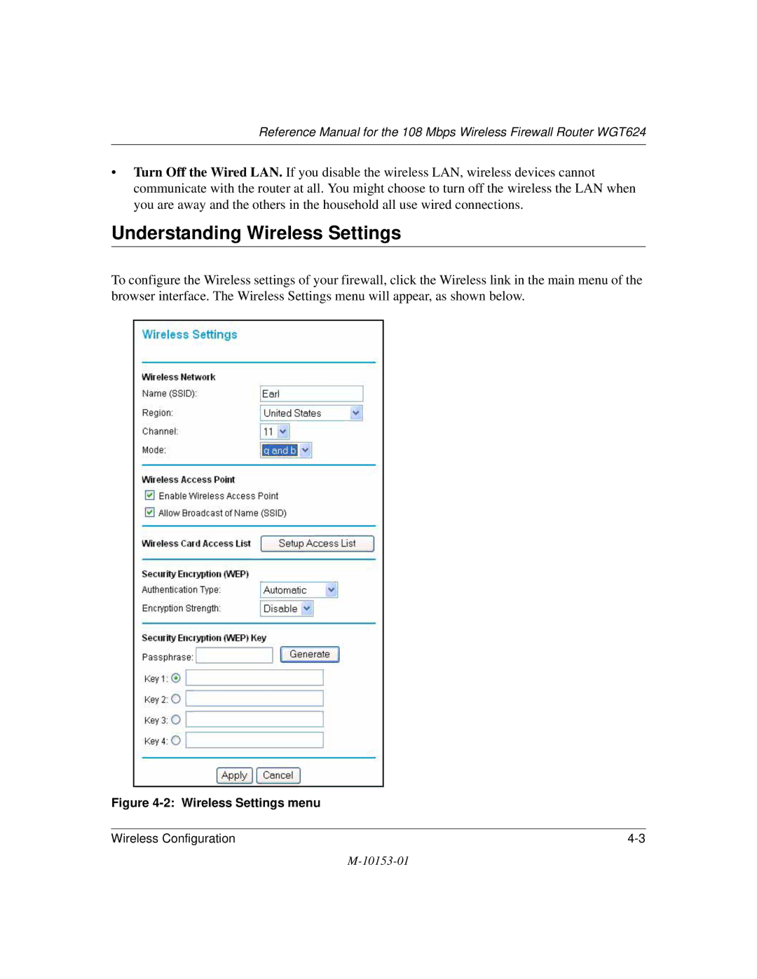 NETGEAR WGT624 manual Understanding Wireless Settings, Wireless Settings menu 