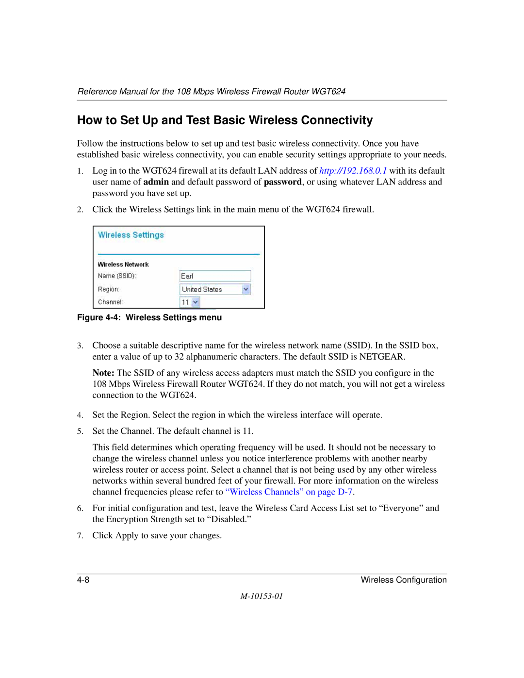 NETGEAR WGT624 manual How to Set Up and Test Basic Wireless Connectivity, Wireless Settings menu 