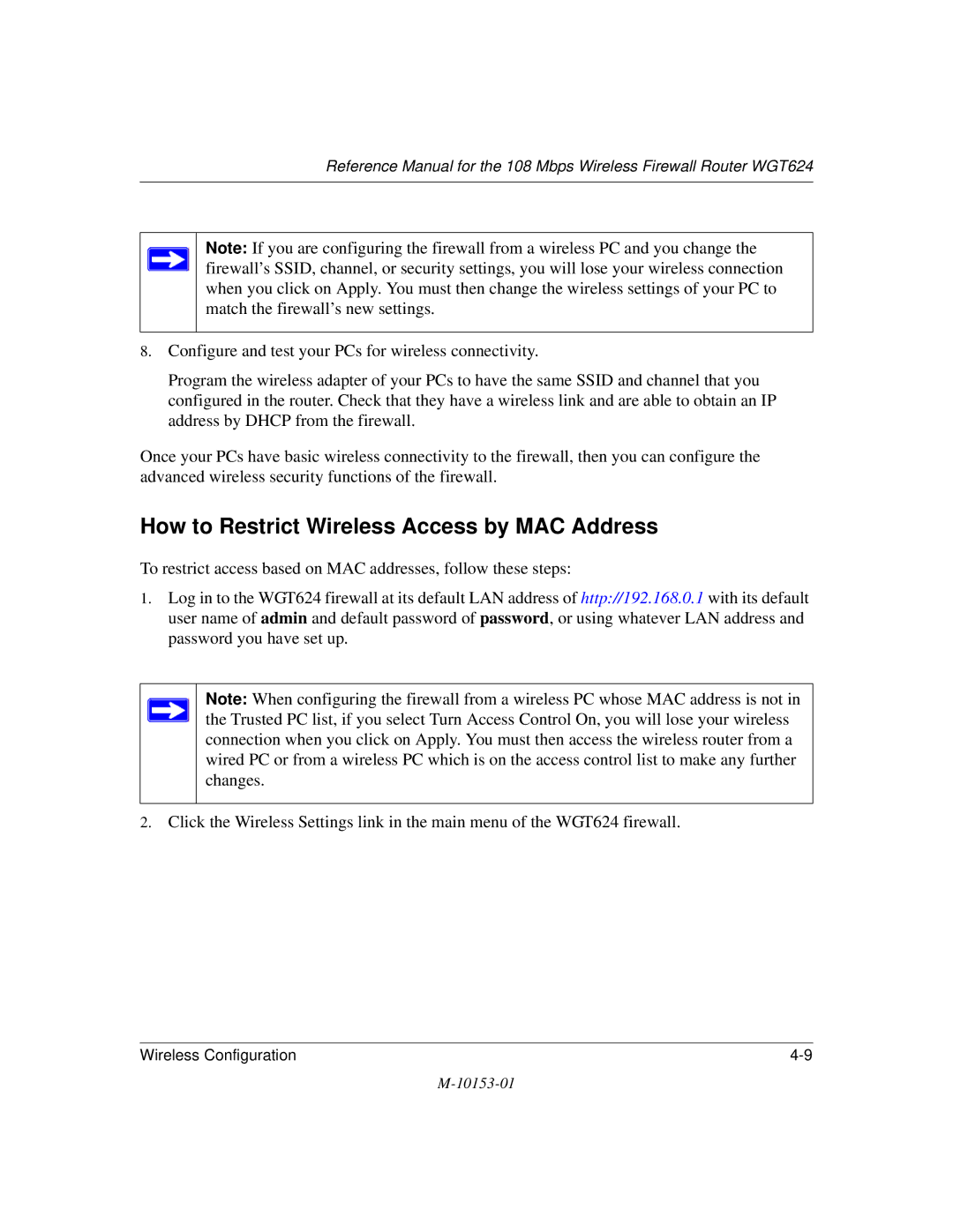 NETGEAR WGT624 manual How to Restrict Wireless Access by MAC Address 