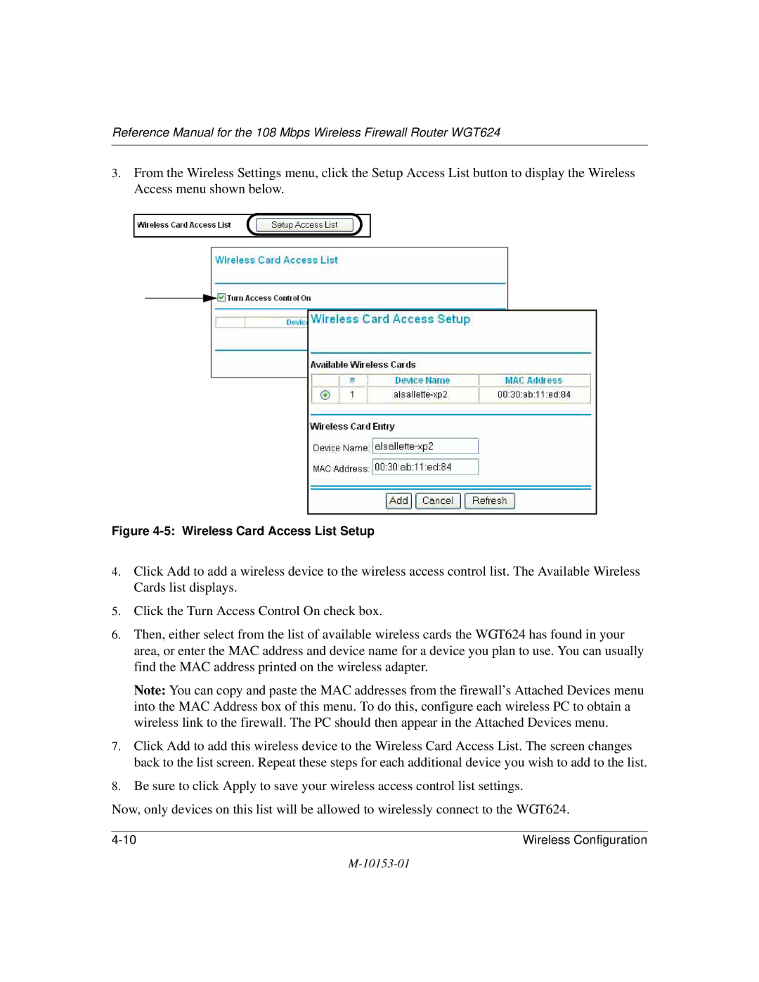 NETGEAR WGT624 manual Wireless Card Access List Setup 