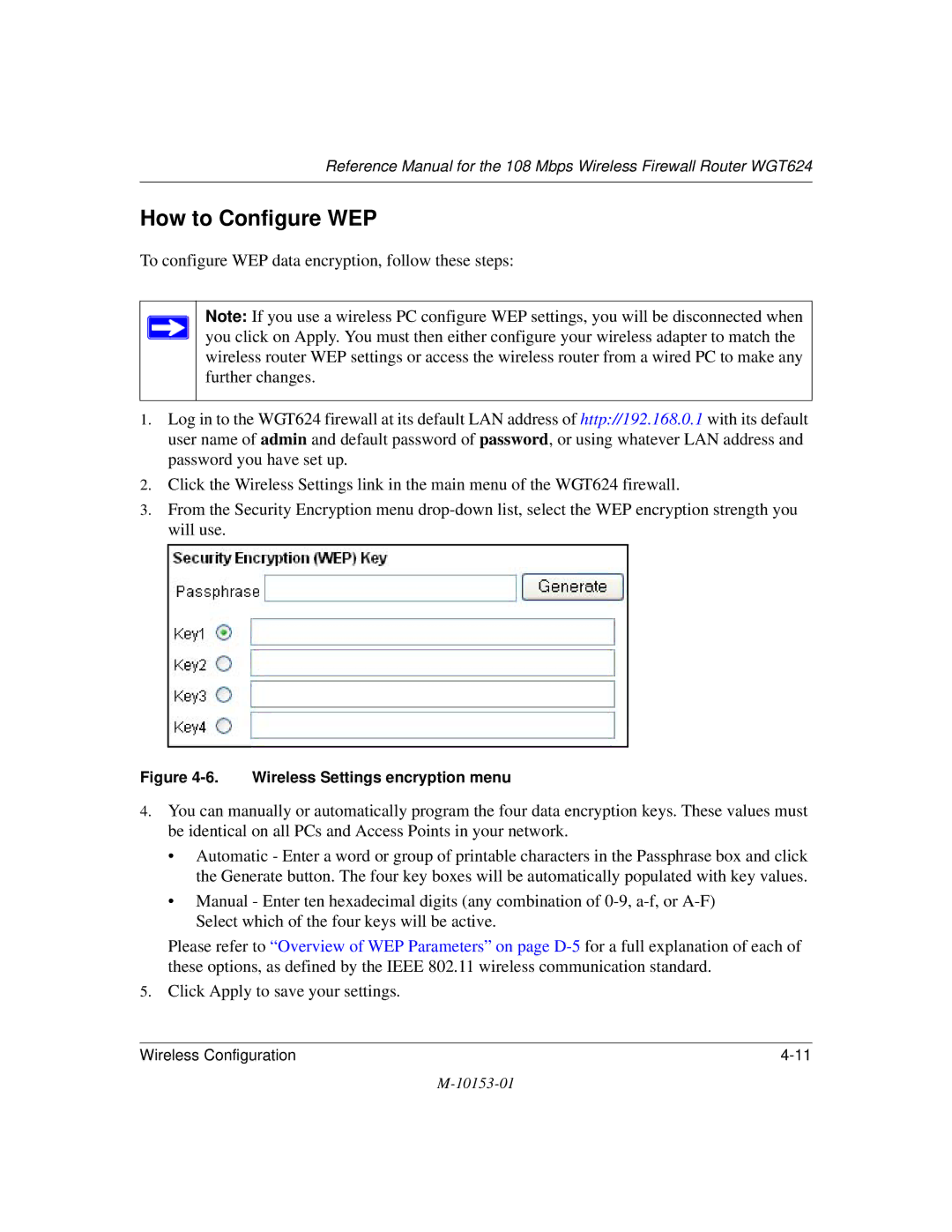 NETGEAR WGT624 manual How to Configure WEP, Wireless Settings encryption menu 