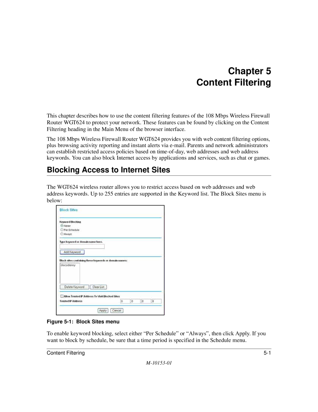 NETGEAR WGT624 manual Chapter Content Filtering, Blocking Access to Internet Sites 