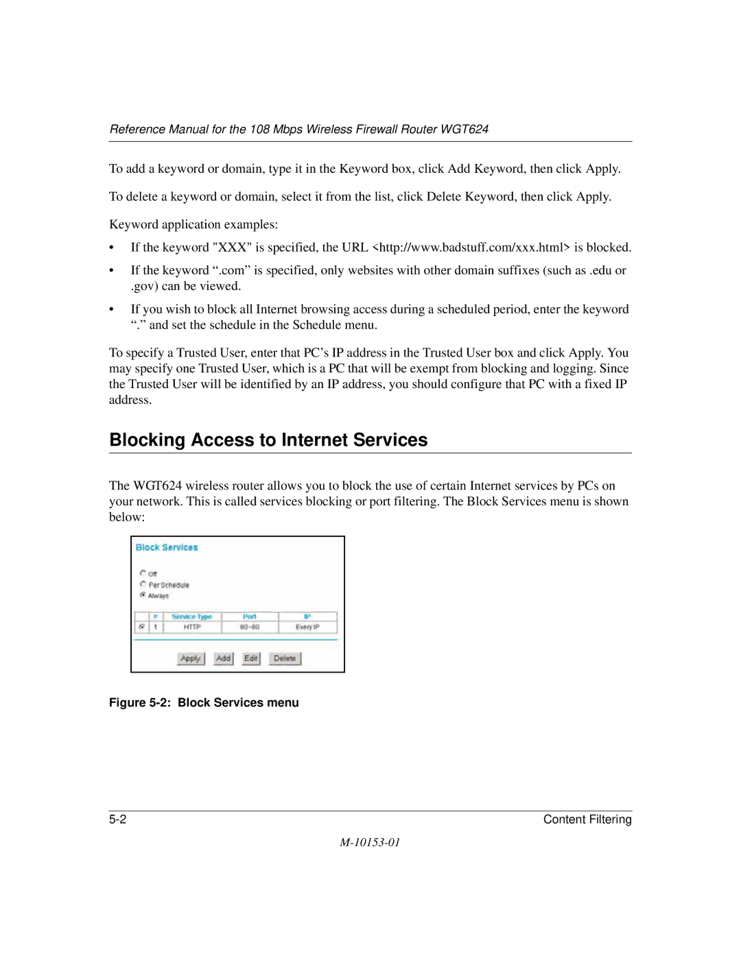 NETGEAR WGT624 manual Blocking Access to Internet Services, Block Services menu 