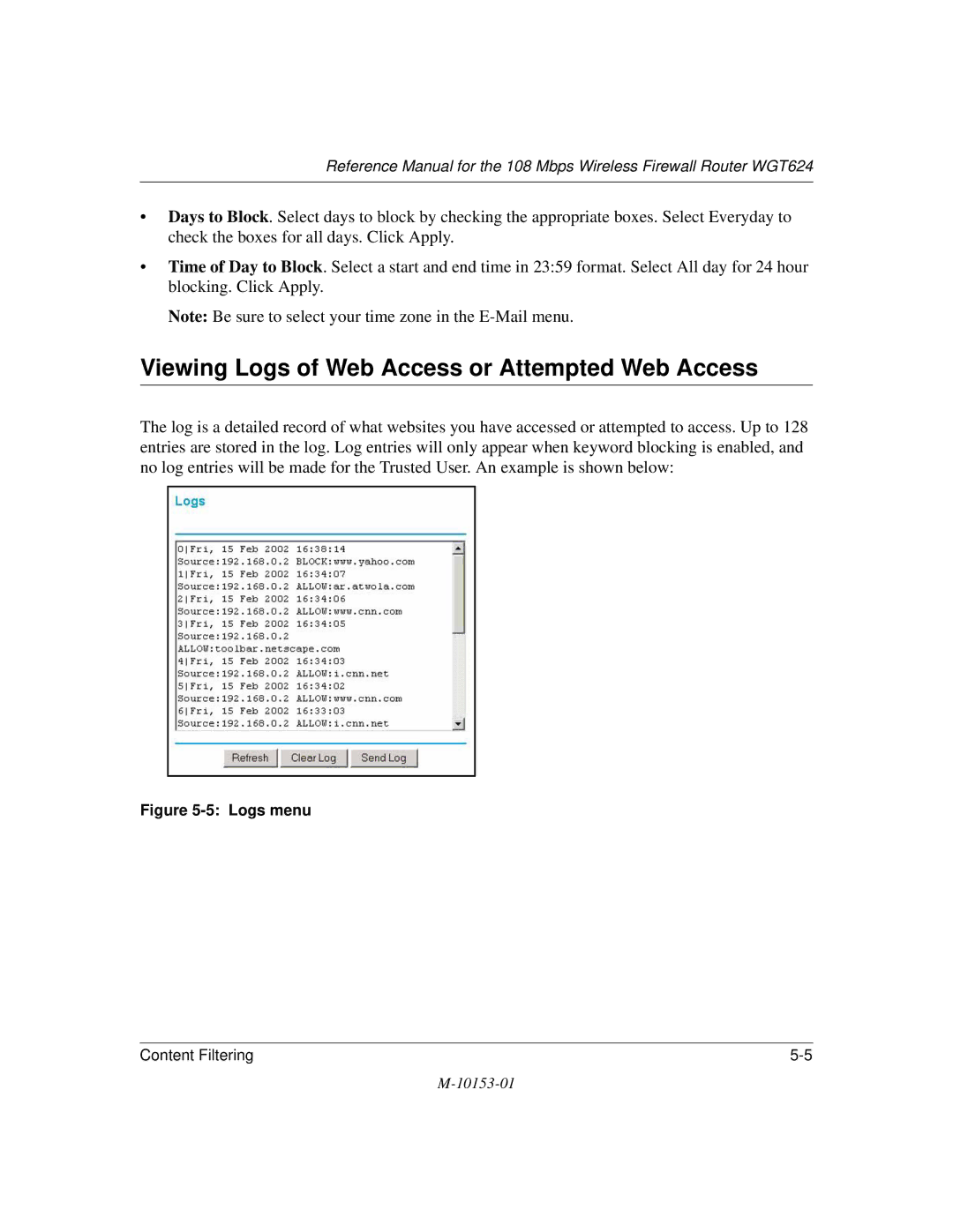 NETGEAR WGT624 manual Viewing Logs of Web Access or Attempted Web Access, Logs menu 