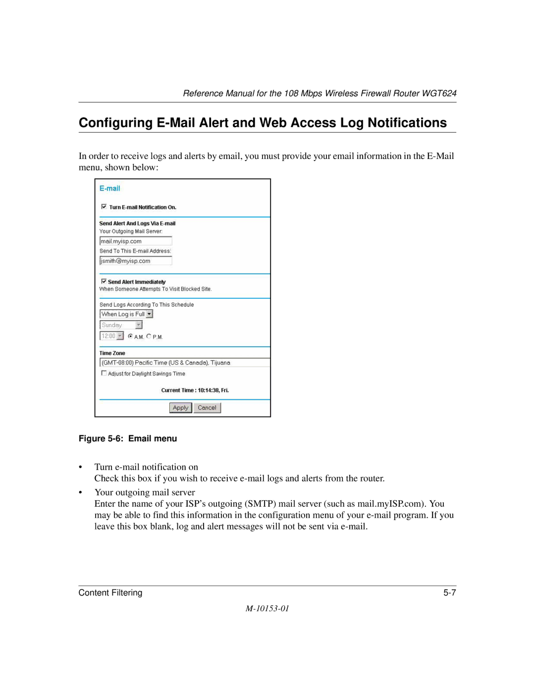 NETGEAR WGT624 manual Configuring E-Mail Alert and Web Access Log Notifications, Email menu 