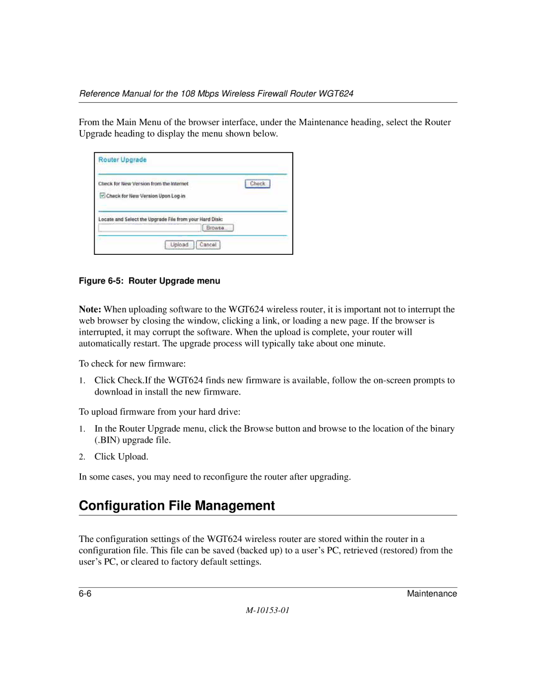 NETGEAR WGT624 manual Configuration File Management, Router Upgrade menu 