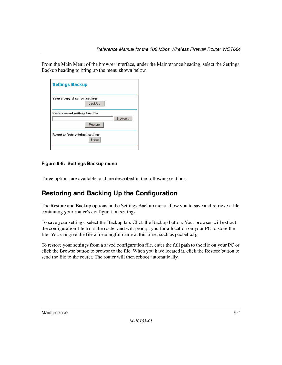 NETGEAR WGT624 manual Restoring and Backing Up the Configuration, Settings Backup menu 