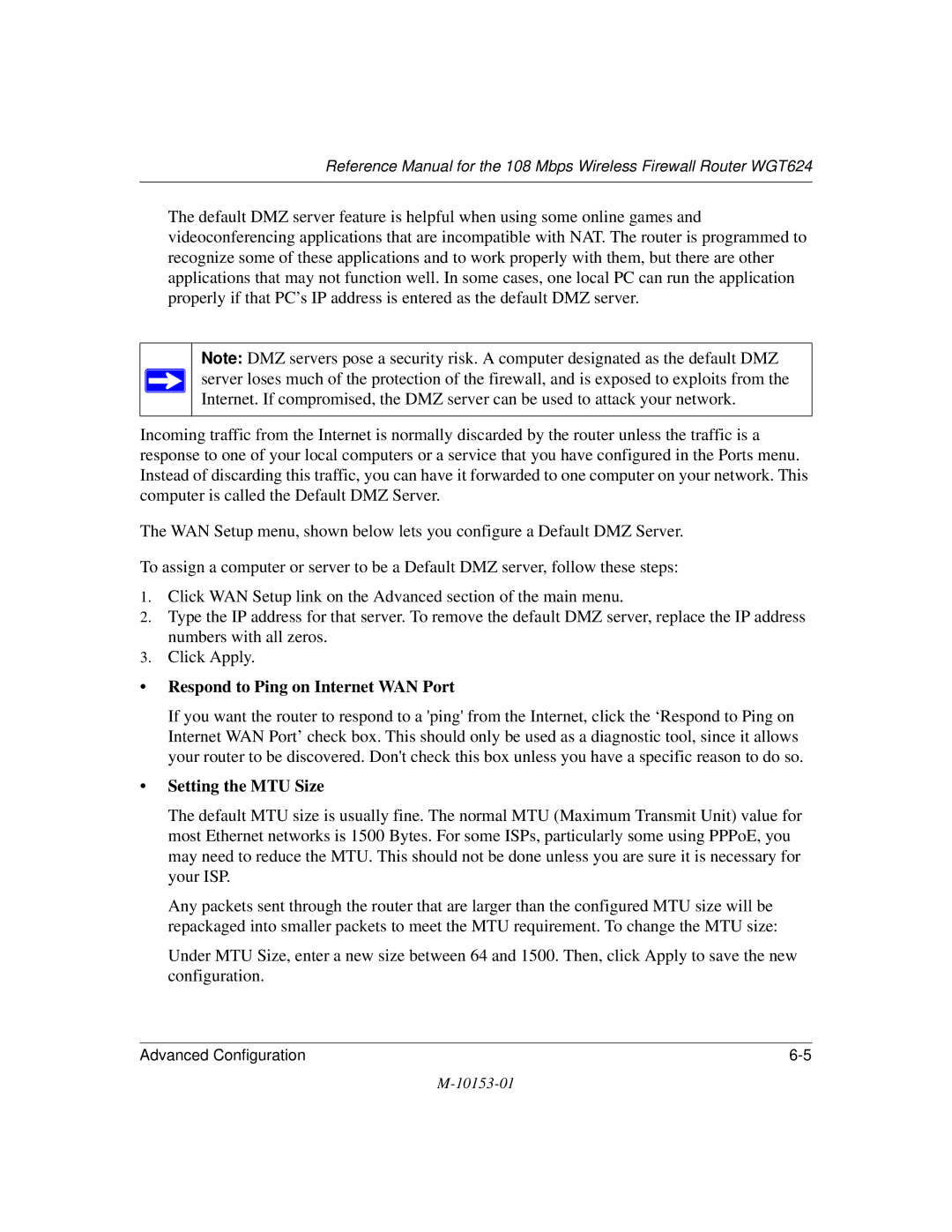 NETGEAR WGT624 manual Respond to Ping on Internet WAN Port, Setting the MTU Size 