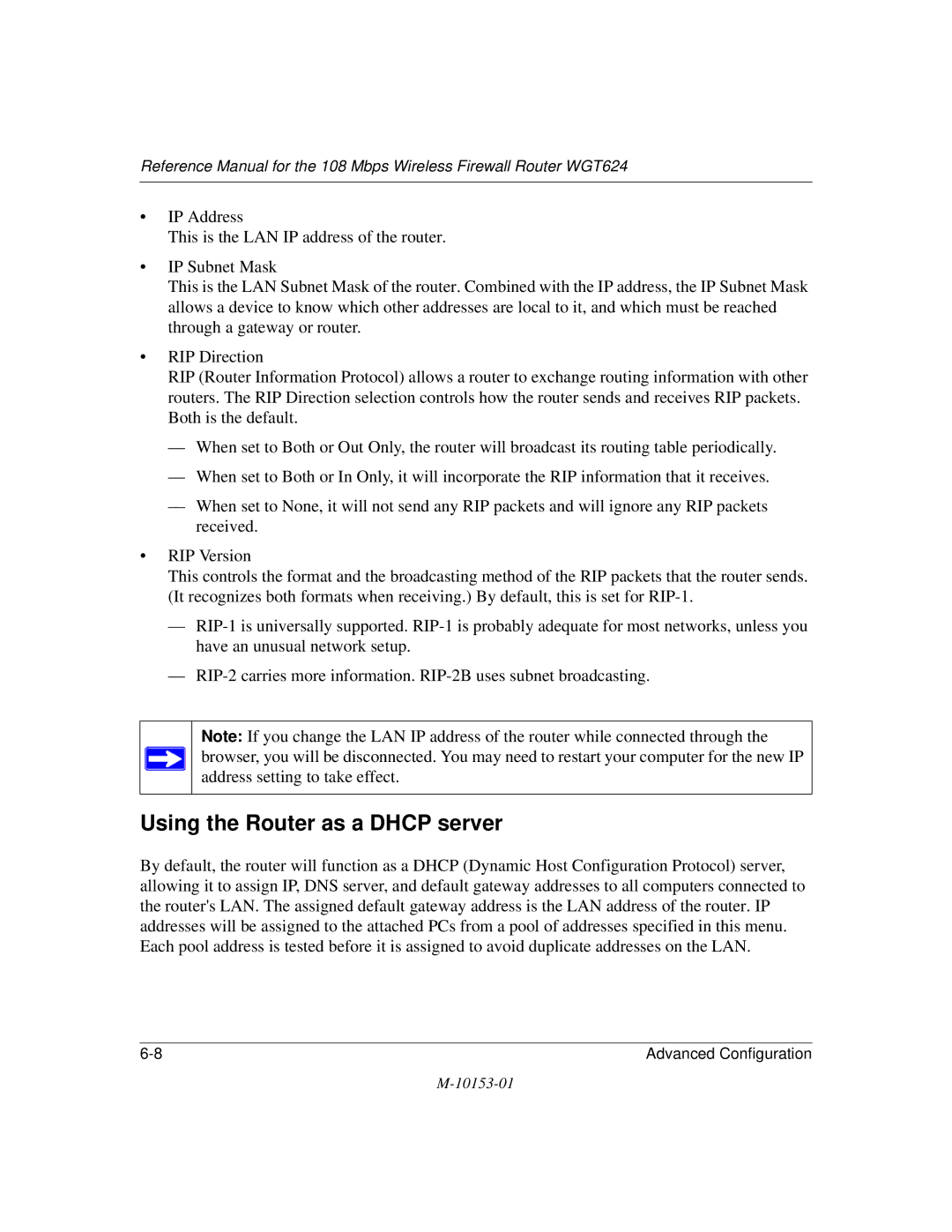 NETGEAR WGT624 manual Using the Router as a Dhcp server 