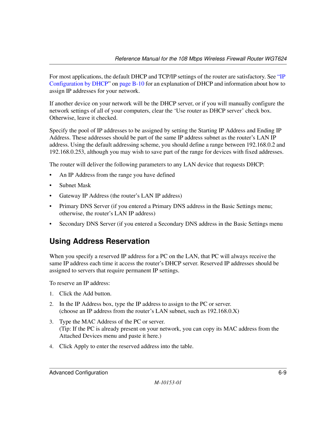 NETGEAR WGT624 manual Using Address Reservation 