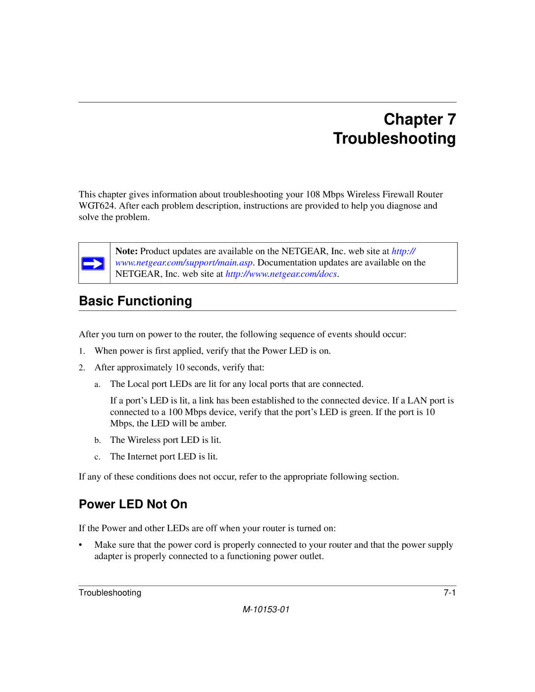 NETGEAR WGT624 manual Chapter Troubleshooting, Basic Functioning, Power LED Not On 