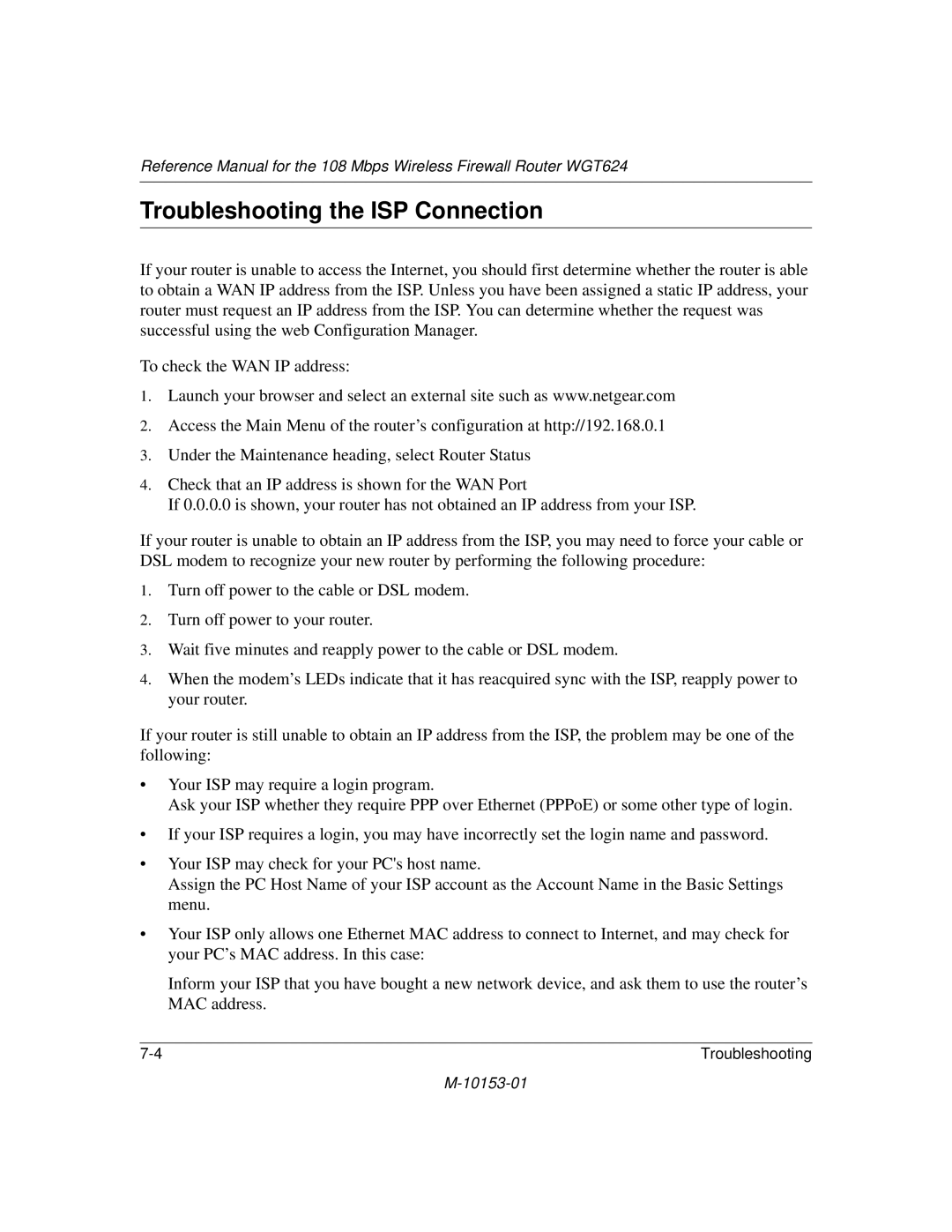 NETGEAR WGT624 manual Troubleshooting the ISP Connection 