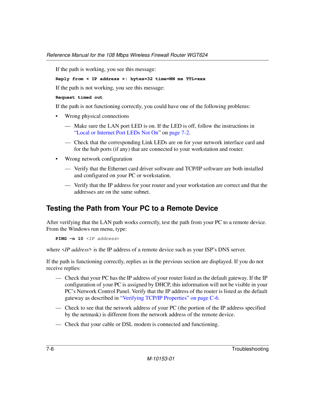 NETGEAR WGT624 manual Testing the Path from Your PC to a Remote Device 