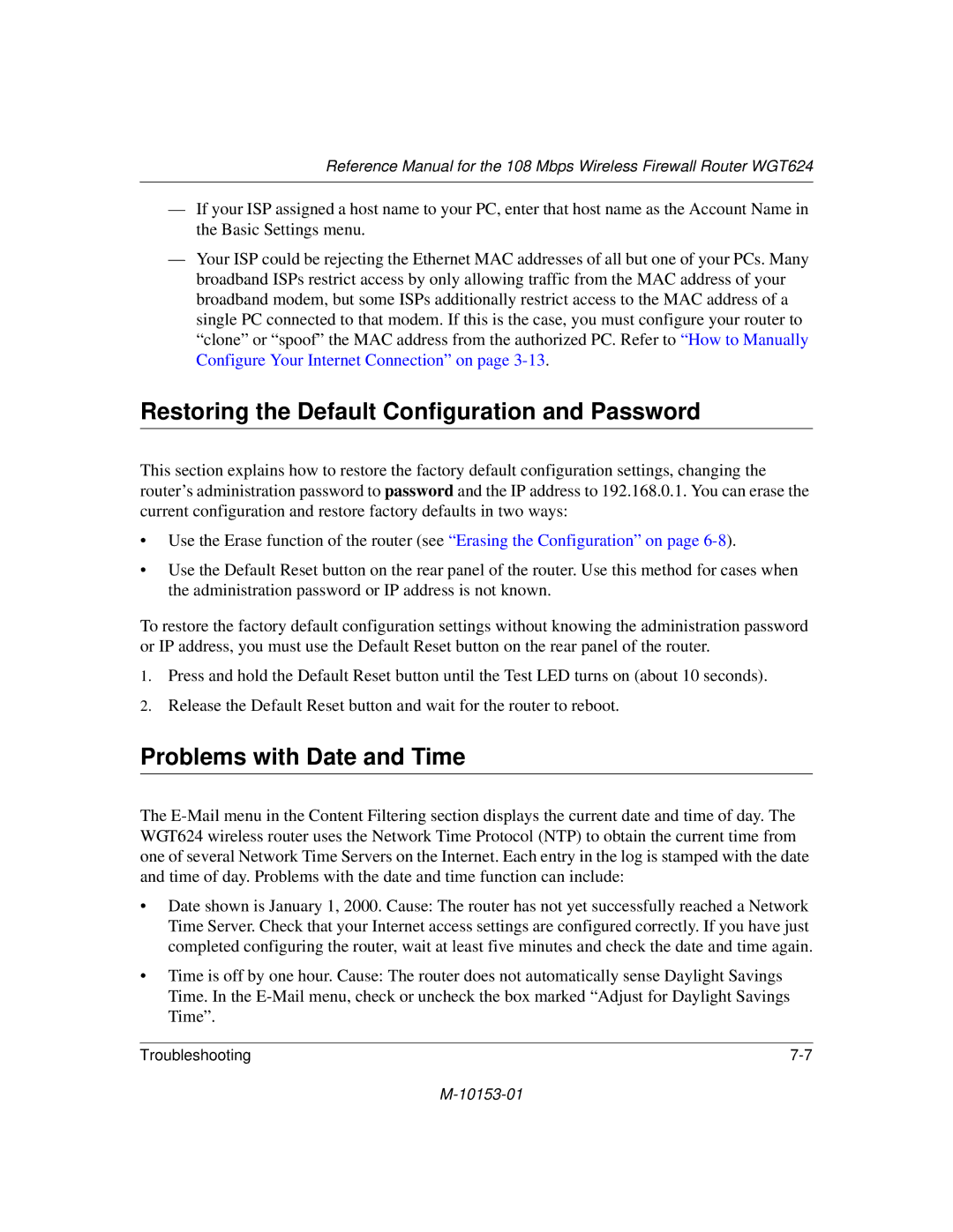 NETGEAR WGT624 manual Restoring the Default Configuration and Password, Problems with Date and Time 