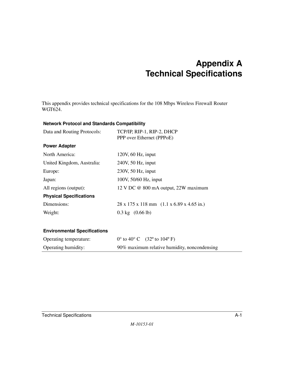 NETGEAR WGT624 manual Appendix a Technical Specifications, TCP/IP, RIP-1, RIP-2, Dhcp 