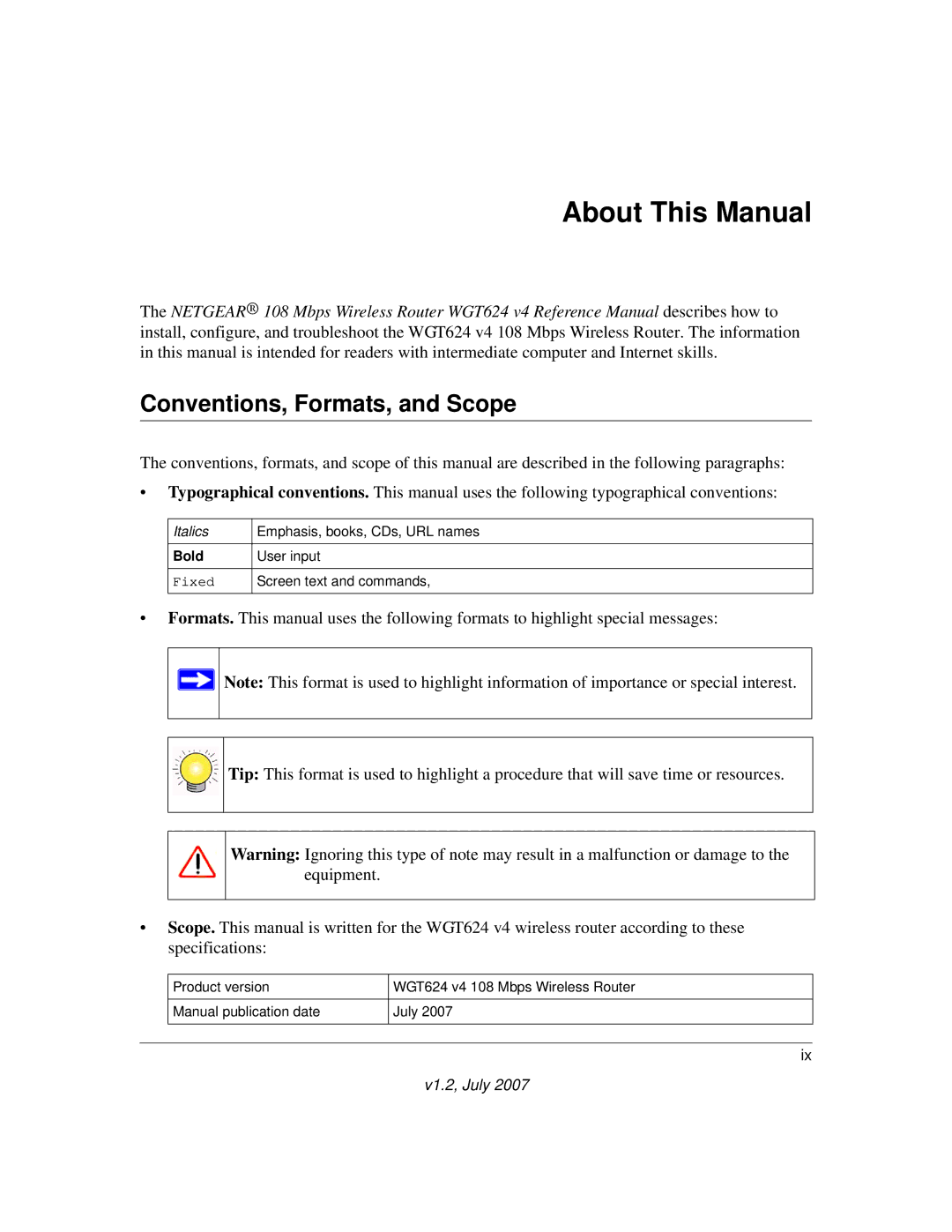 NETGEAR WGT624 manual About This Manual, Conventions, Formats, and Scope 