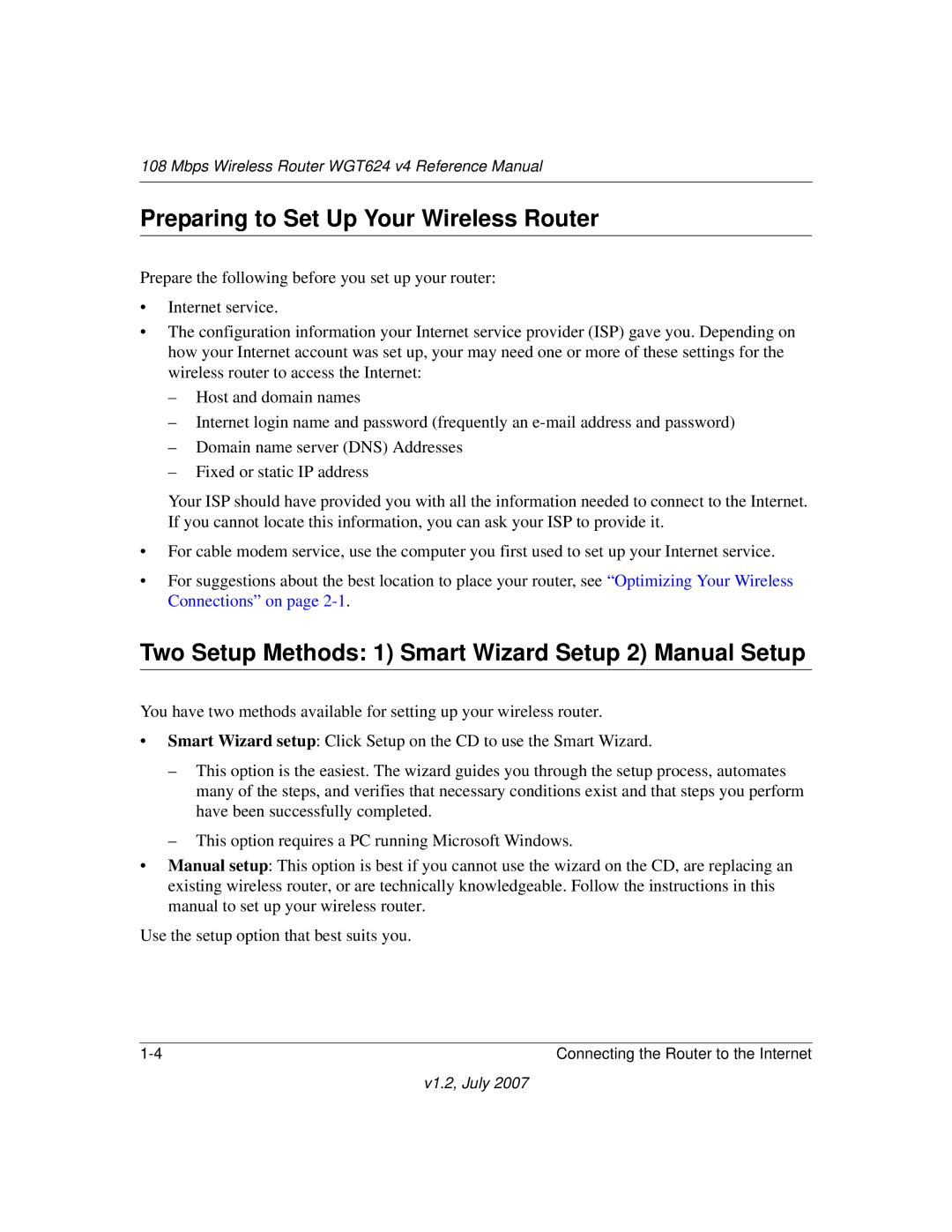 NETGEAR WGT624 manual Preparing to Set Up Your Wireless Router, Two Setup Methods 1 Smart Wizard Setup 2 Manual Setup 