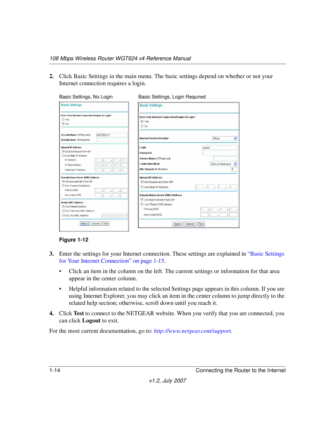 NETGEAR WGT624 manual Basic Settings, No Login 