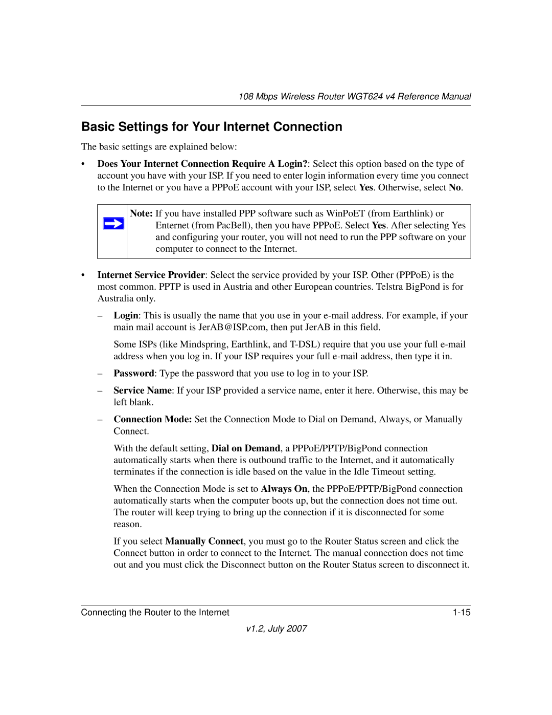 NETGEAR WGT624 manual Basic Settings for Your Internet Connection, Basic settings are explained below 