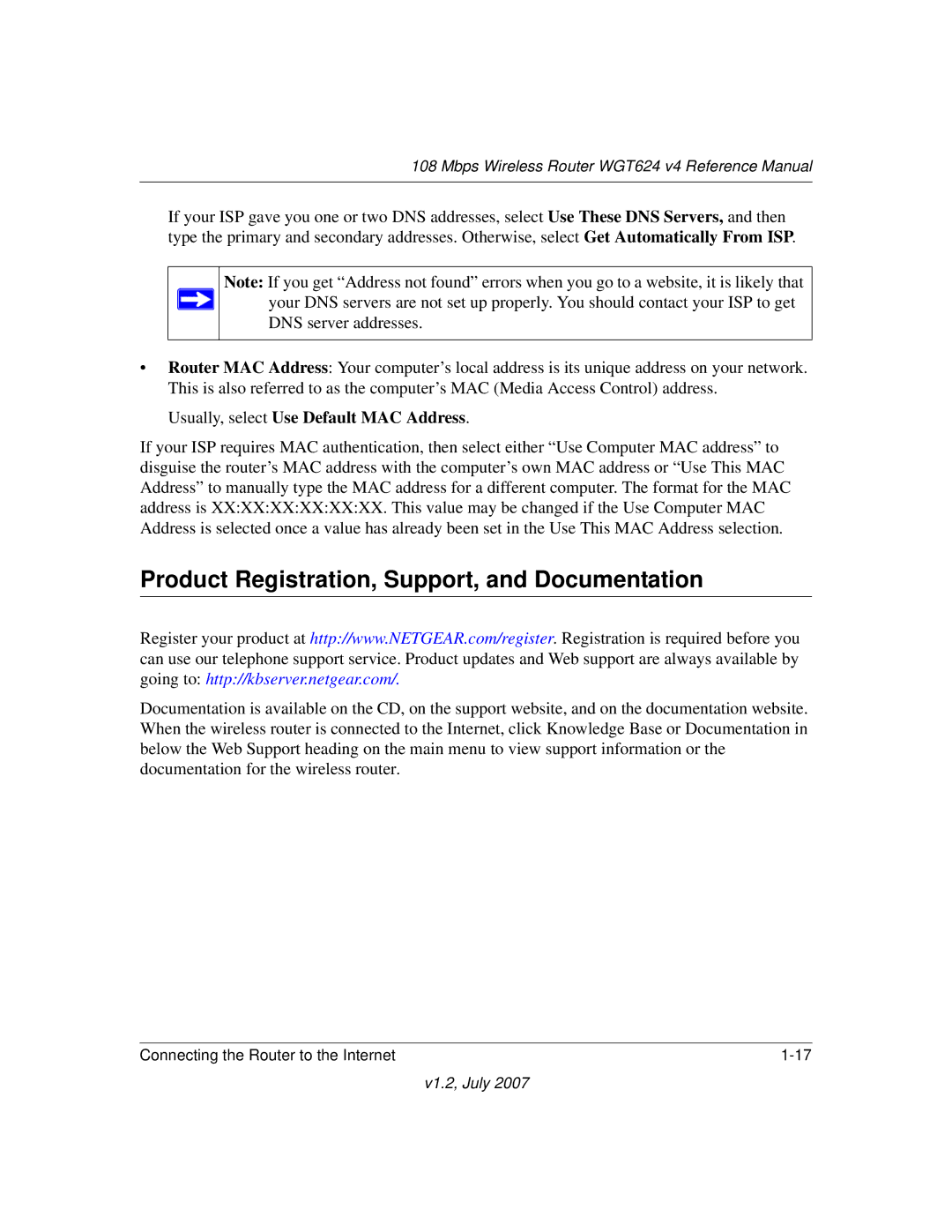 NETGEAR WGT624 manual Product Registration, Support, and Documentation, Usually, select Use Default MAC Address 