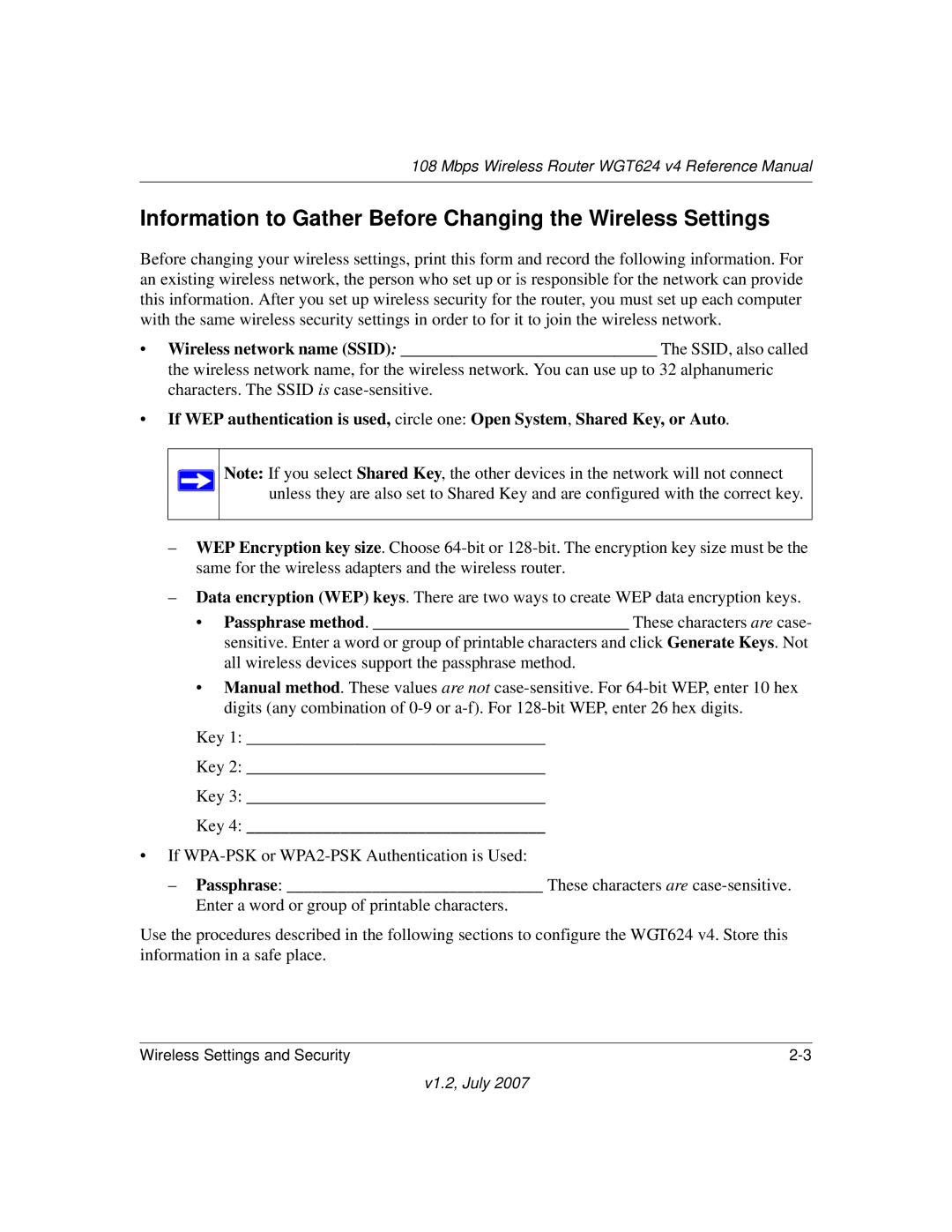 NETGEAR WGT624 manual Information to Gather Before Changing the Wireless Settings 