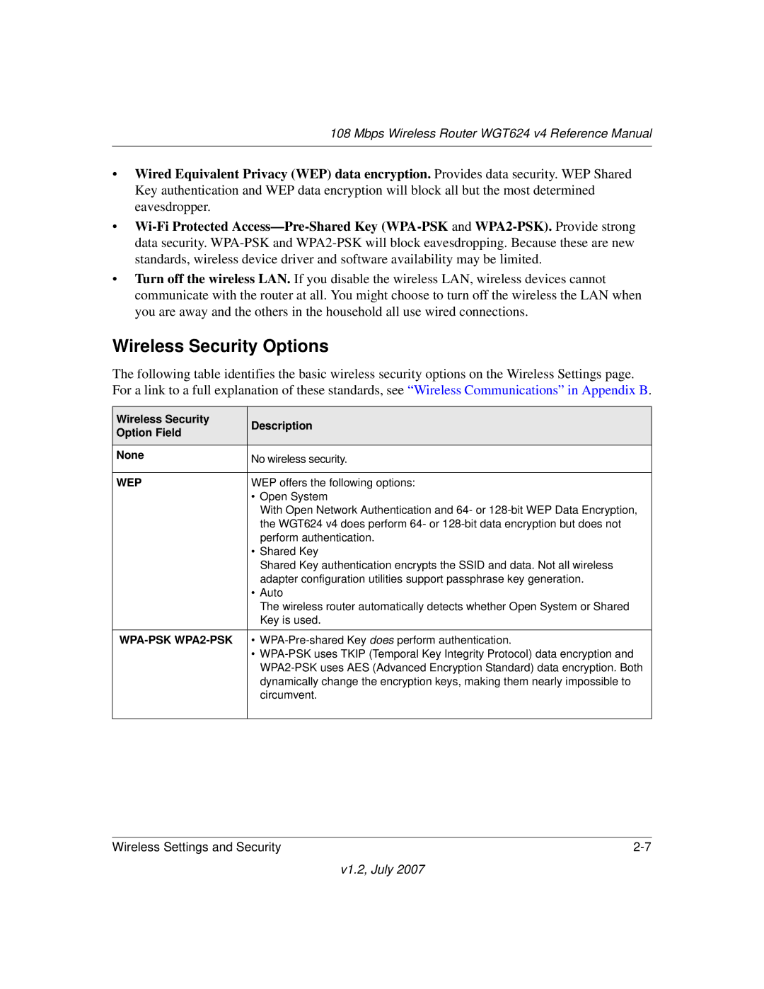 NETGEAR WGT624 manual Wireless Security Options, Wep 