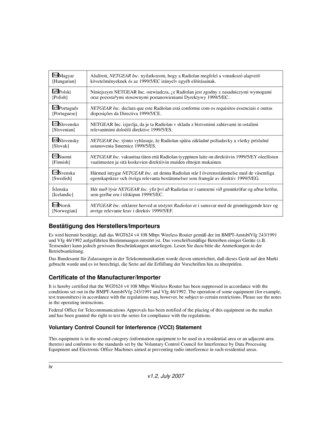 NETGEAR WGT624 manual Bestätigung des Herstellers/Importeurs 