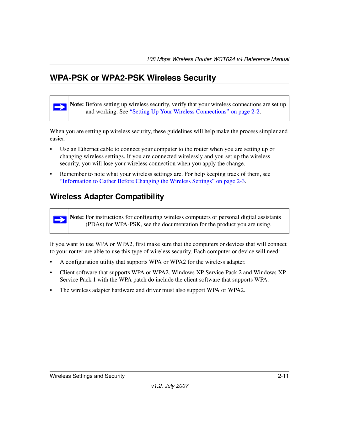 NETGEAR WGT624 manual WPA-PSK or WPA2-PSK Wireless Security, Wireless Adapter Compatibility 