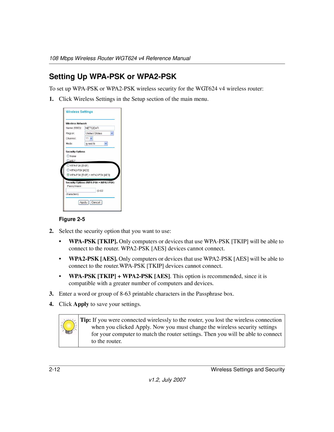 NETGEAR WGT624 manual Setting Up WPA-PSK or WPA2-PSK 