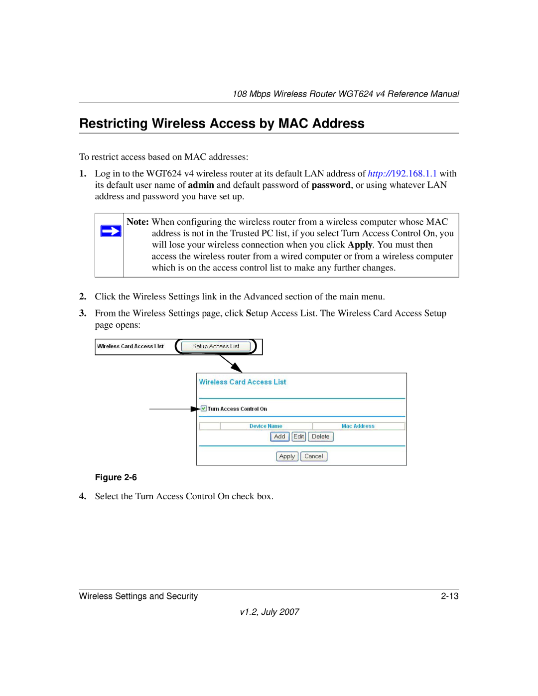 NETGEAR WGT624 manual Restricting Wireless Access by MAC Address 