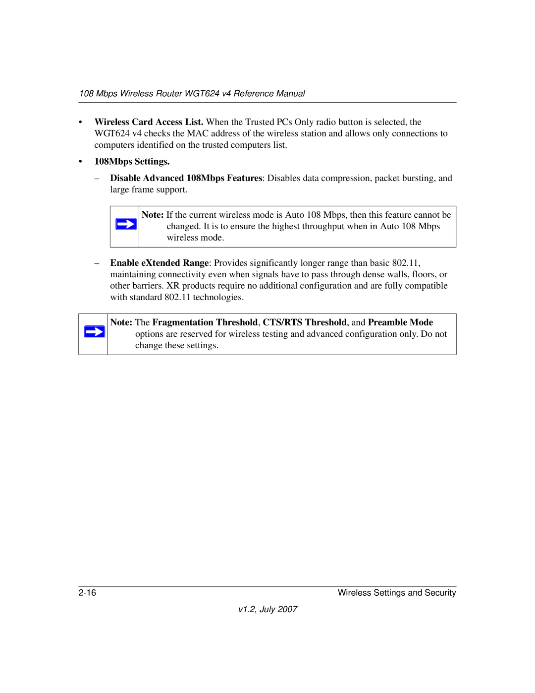 NETGEAR WGT624 manual 108Mbps Settings 