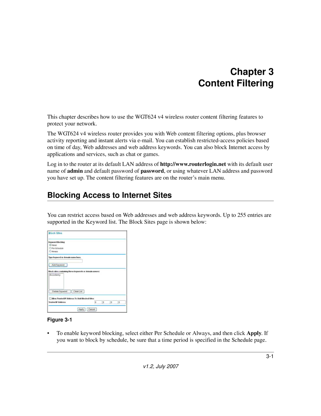 NETGEAR WGT624 manual Chapter Content Filtering, Blocking Access to Internet Sites 