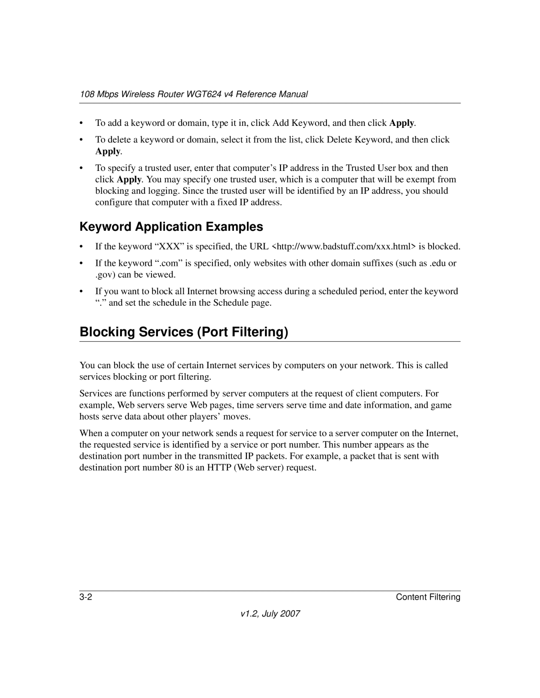 NETGEAR WGT624 manual Blocking Services Port Filtering, Keyword Application Examples 