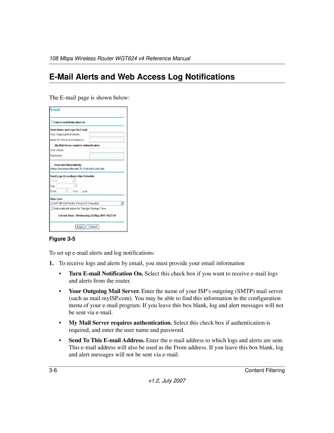 NETGEAR WGT624 manual Mail Alerts and Web Access Log Notifications 