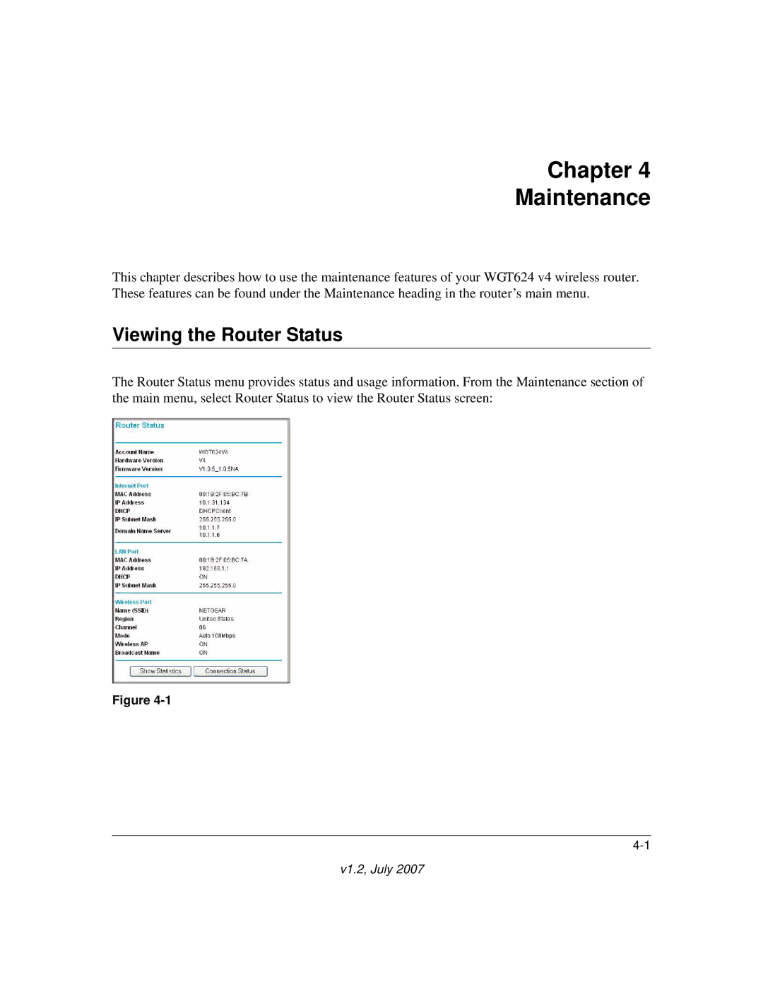 NETGEAR WGT624 manual Chapter Maintenance, Viewing the Router Status 