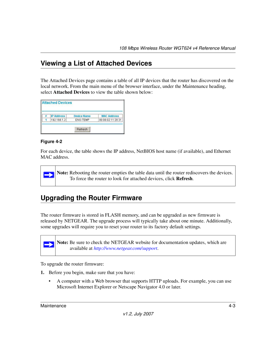 NETGEAR WGT624 manual Viewing a List of Attached Devices, Upgrading the Router Firmware 