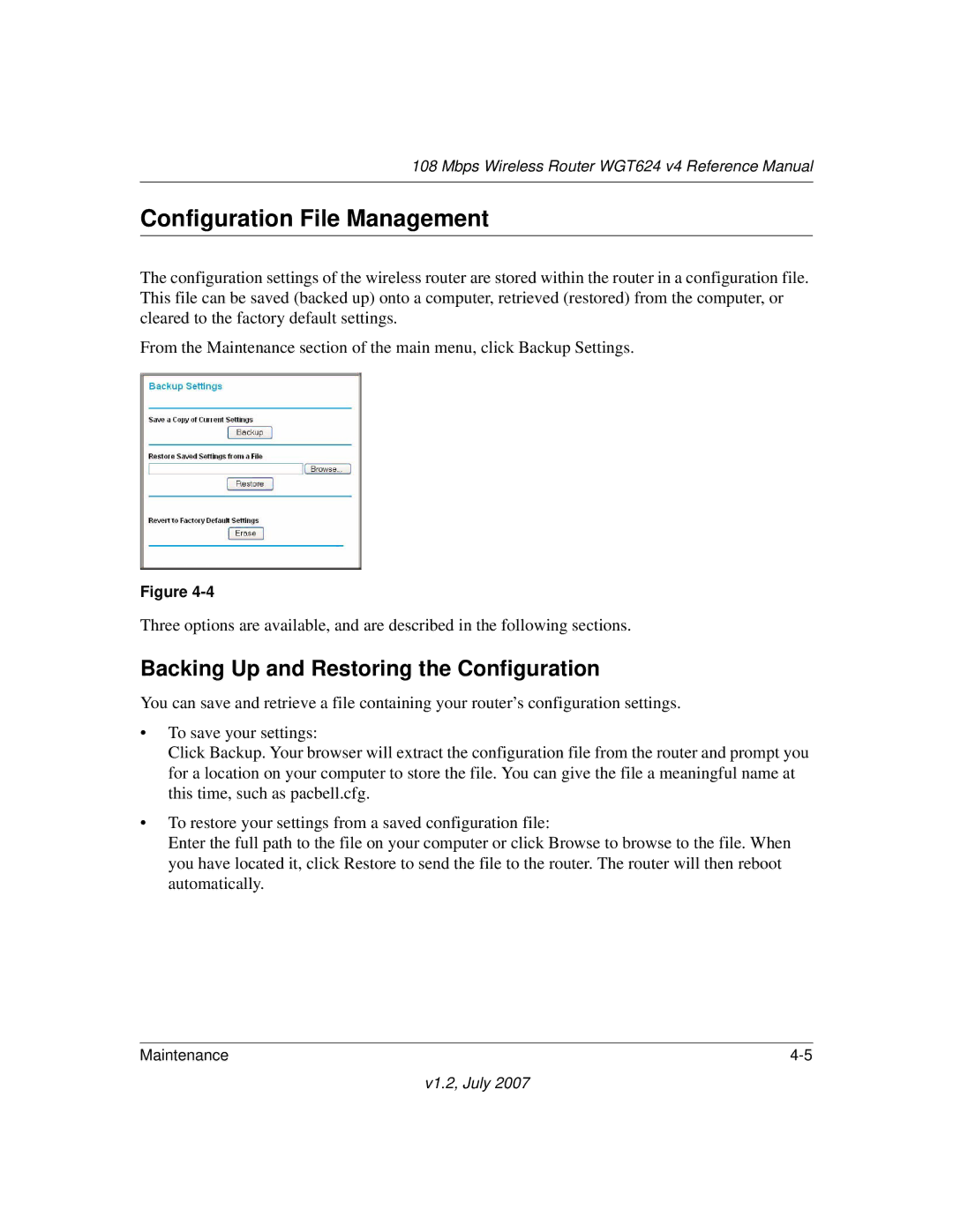 NETGEAR WGT624 manual Configuration File Management, Backing Up and Restoring the Configuration 