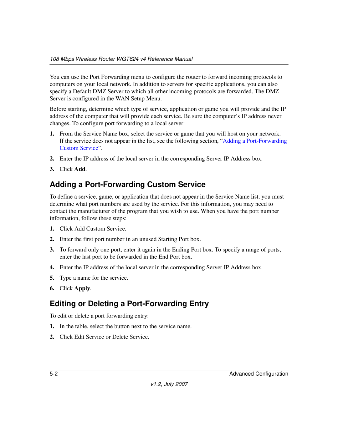 NETGEAR WGT624 manual Adding a Port-Forwarding Custom Service, Editing or Deleting a Port-Forwarding Entry 