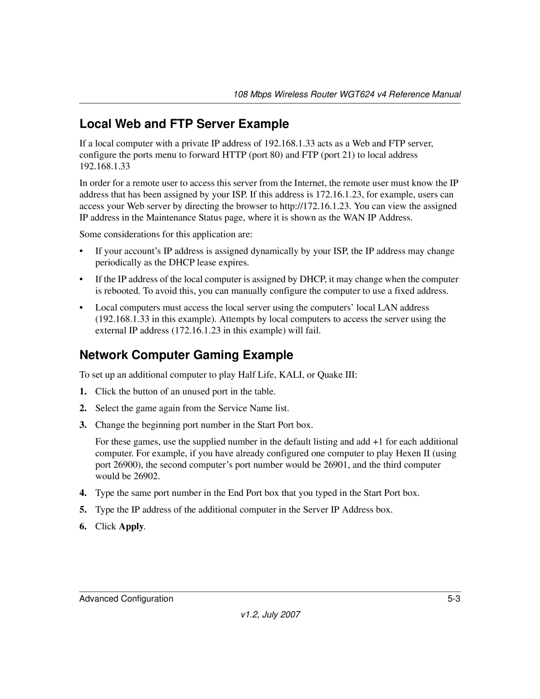 NETGEAR WGT624 manual Local Web and FTP Server Example, Network Computer Gaming Example 