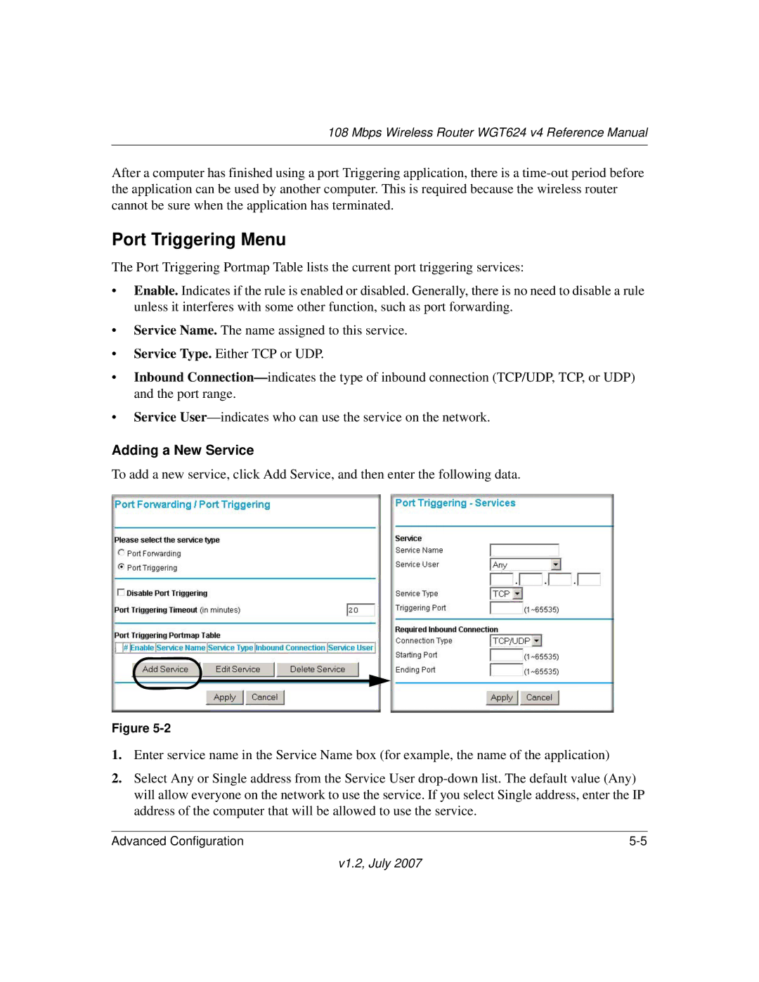 NETGEAR WGT624 manual Port Triggering Menu, Adding a New Service 