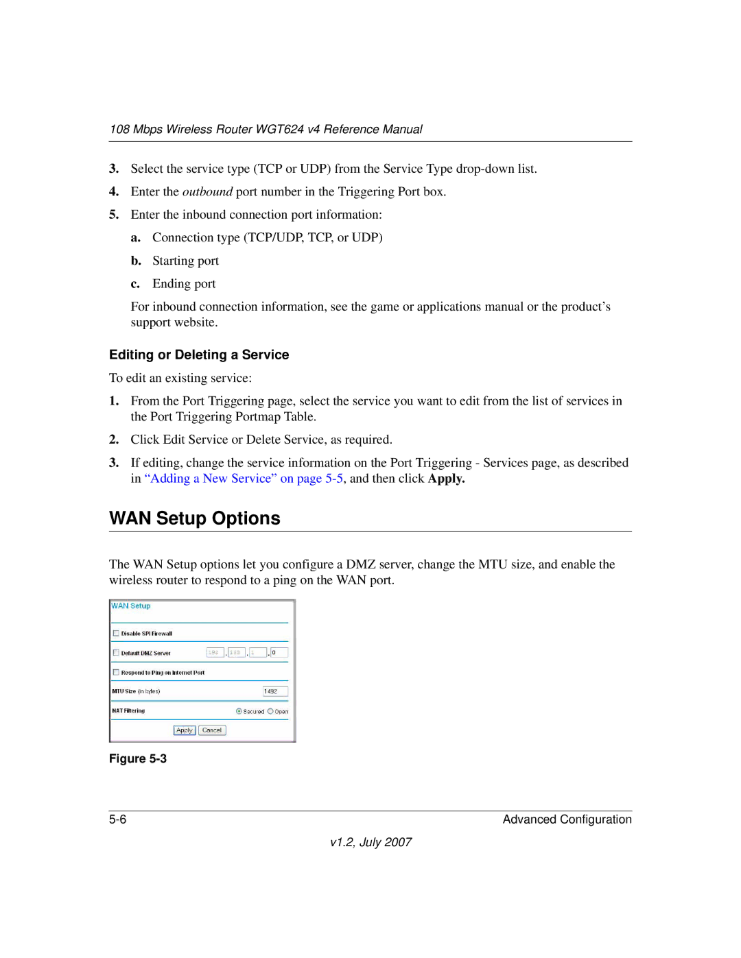 NETGEAR WGT624 manual WAN Setup Options, Editing or Deleting a Service 