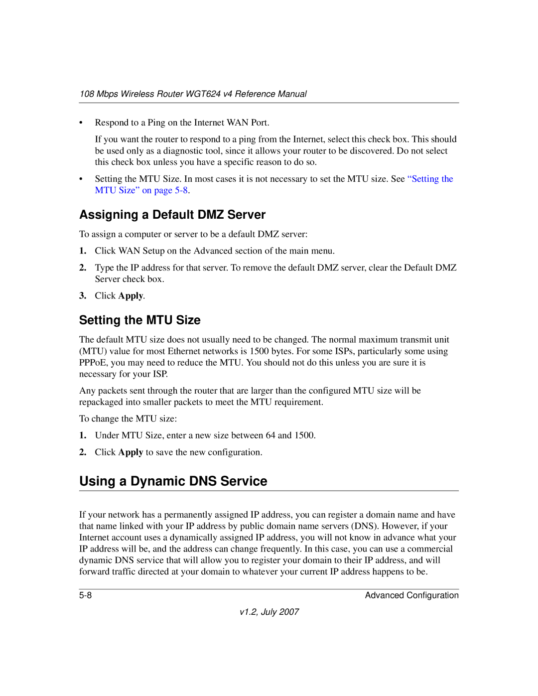 NETGEAR WGT624 manual Using a Dynamic DNS Service, Assigning a Default DMZ Server, Setting the MTU Size 