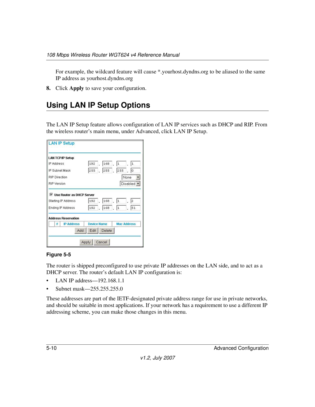 NETGEAR WGT624 manual Using LAN IP Setup Options 