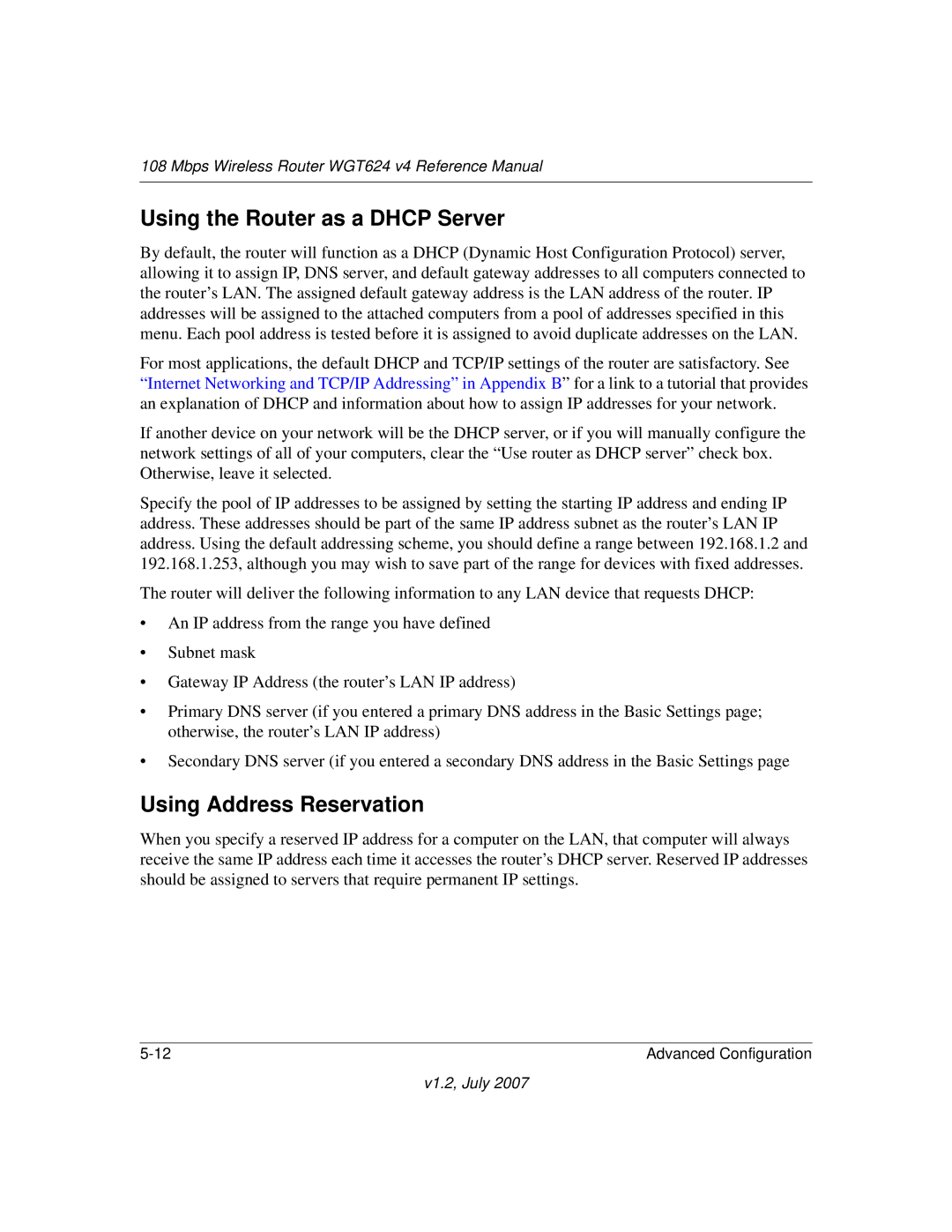 NETGEAR WGT624 manual Using the Router as a Dhcp Server, Using Address Reservation 