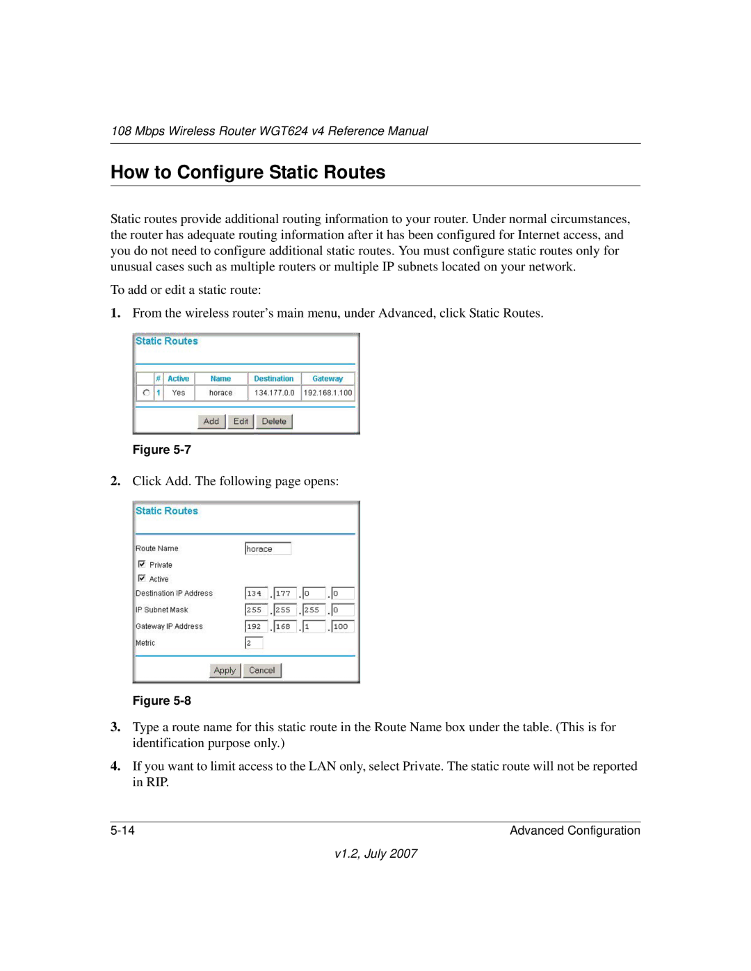 NETGEAR WGT624 manual How to Configure Static Routes 