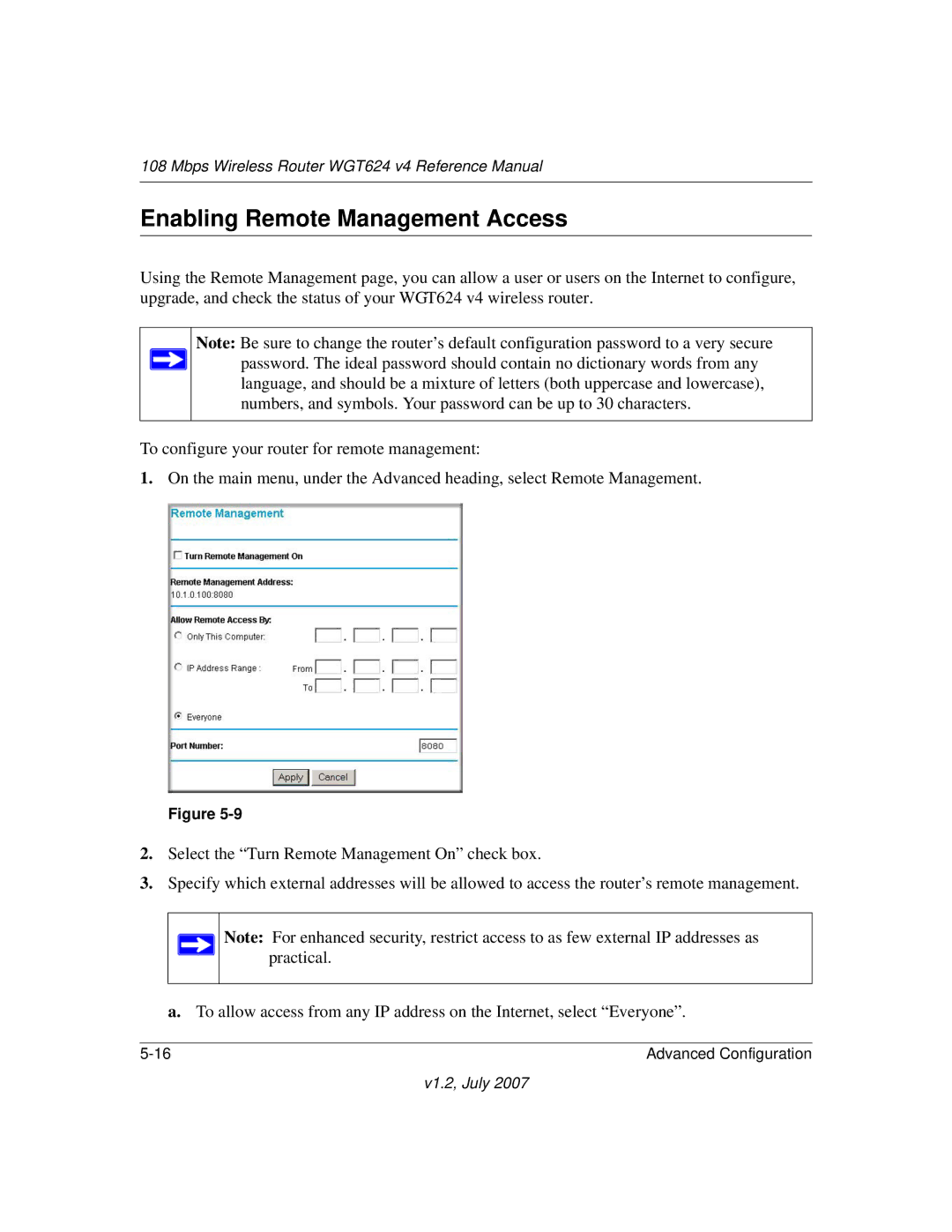 NETGEAR WGT624 manual Enabling Remote Management Access 