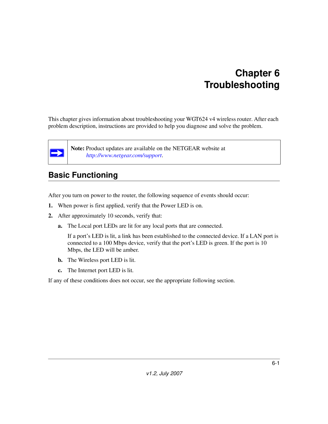 NETGEAR WGT624 manual Chapter Troubleshooting, Basic Functioning 