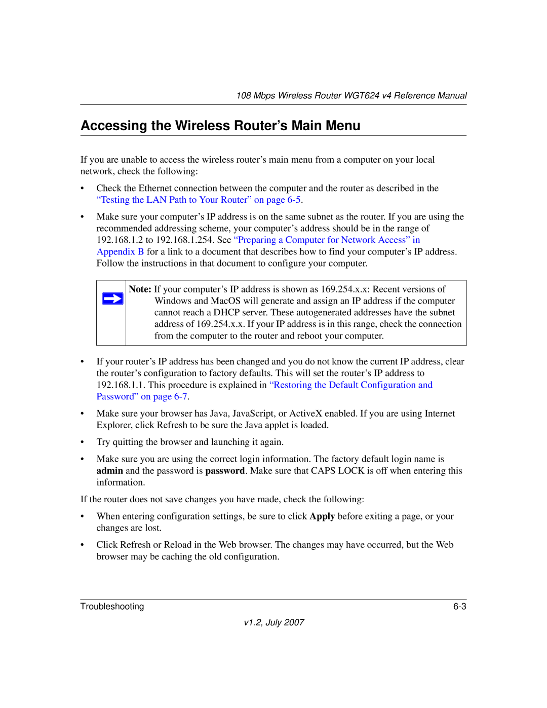 NETGEAR WGT624 manual Accessing the Wireless Router’s Main Menu 