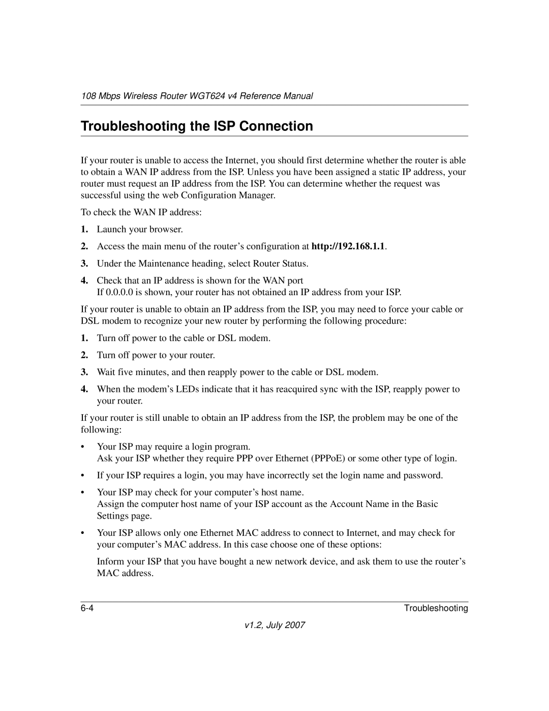 NETGEAR WGT624 manual Troubleshooting the ISP Connection 